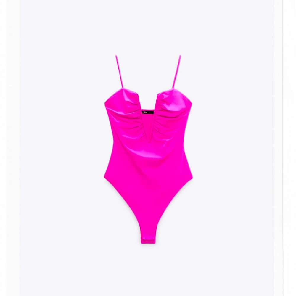 Zara NWT Hot Pink/Fuchsia Pronounced Neckline  Bodysuit SZ Medium